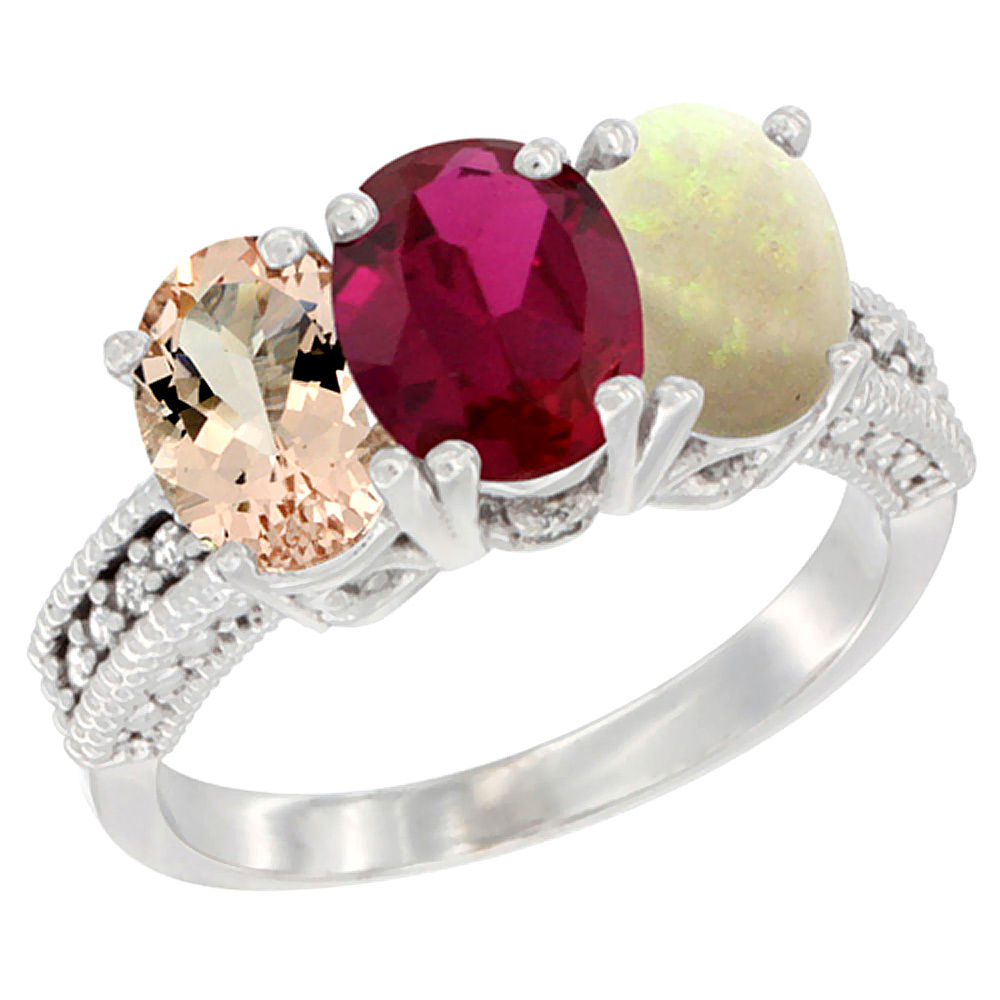 10K White Gold Natural Morganite, Enhanced Ruby &amp; Natural Opal Ring 3-Stone Oval 7x5 mm Diamond Accent, sizes 5 - 10
