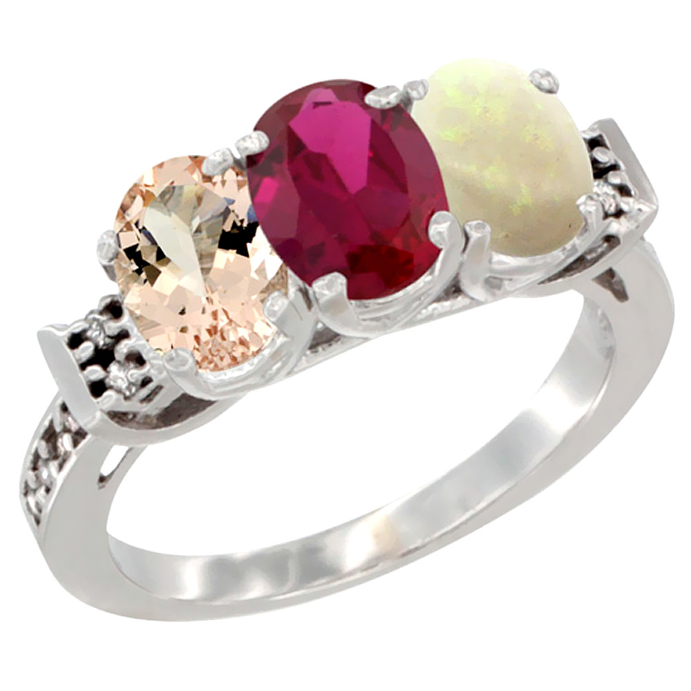 10K White Gold Natural Morganite, Enhanced Ruby & Natural Opal Ring 3-Stone Oval 7x5 mm Diamond Accent, sizes 5 - 10