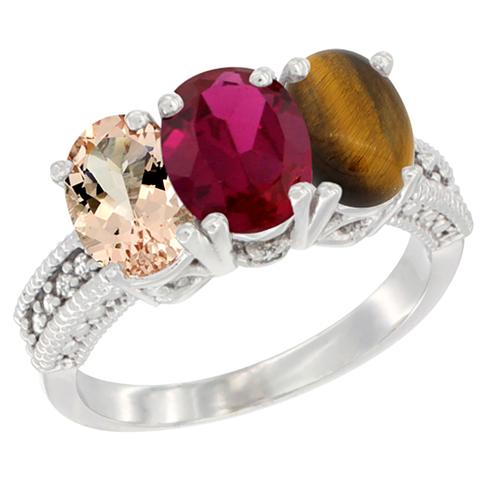 10K White Gold Natural Morganite, Enhanced Ruby &amp; Natural Tiger Eye Ring 3-Stone Oval 7x5 mm Diamond Accent, sizes 5 - 10