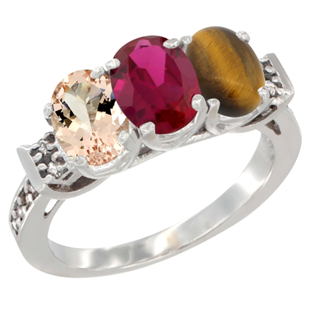 14K White Gold Natural Morganite, Enhanced Ruby &amp; Natural Tiger Eye Ring 3-Stone Oval 7x5 mm Diamond Accent, sizes 5 - 10