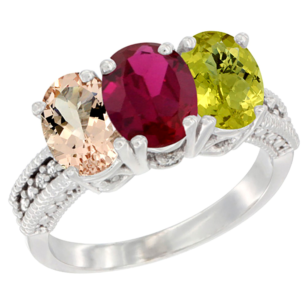 10K White Gold Natural Morganite, Enhanced Ruby & Natural Lemon Quartz Ring 3-Stone Oval 7x5 mm Diamond Accent, sizes 5 - 10