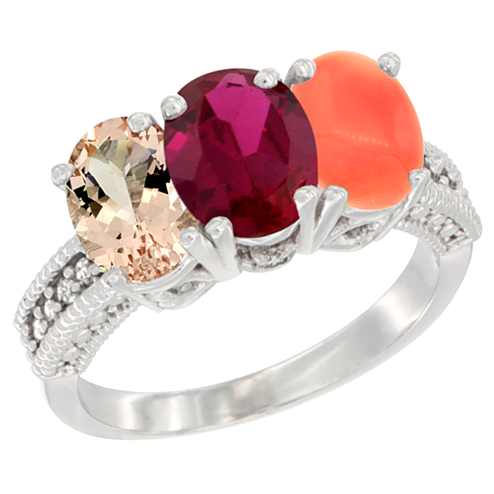 10K White Gold Natural Morganite, Enhanced Ruby & Natural Coral Ring 3-Stone Oval 7x5 mm Diamond Accent, sizes 5 - 10
