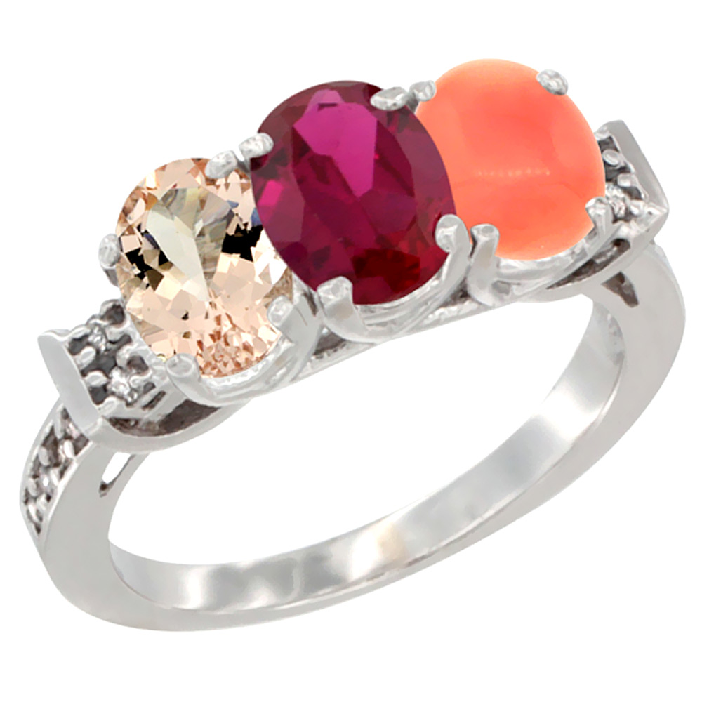 14K White Gold Natural Morganite, Enhanced Ruby & Natural Coral Ring 3-Stone Oval 7x5 mm Diamond Accent, sizes 5 - 10