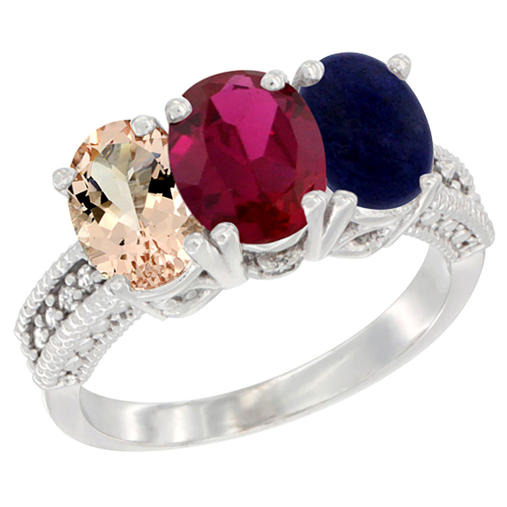 10K White Gold Natural Morganite, Enhanced Ruby &amp; Natural Lapis Ring 3-Stone Oval 7x5 mm Diamond Accent, sizes 5 - 10
