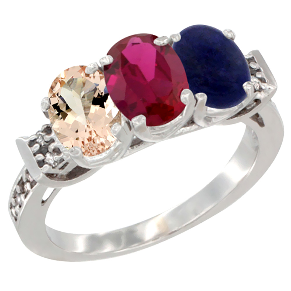 14K White Gold Natural Morganite, Enhanced Ruby &amp; Natural Lapis Ring 3-Stone Oval 7x5 mm Diamond Accent, sizes 5 - 10