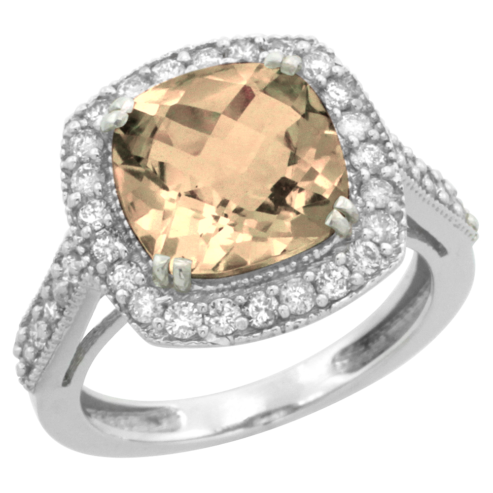 14K White Gold Natural Morganite Ring Cushion-cut 9x9mm Diamond Halo, sizes 5-10