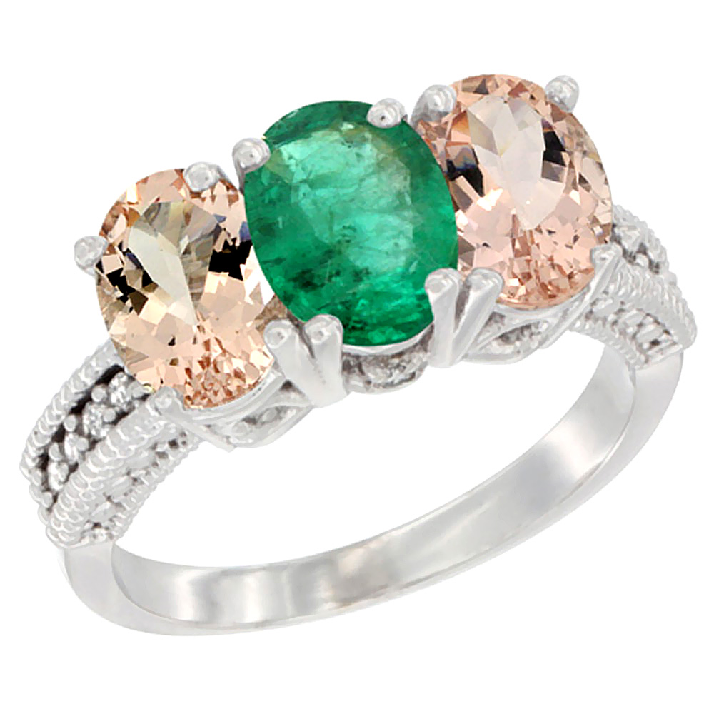 10K White Gold Natural Emerald & Morganite Sides Ring 3-Stone Oval 7x5 mm Diamond Accent, sizes 5 - 10