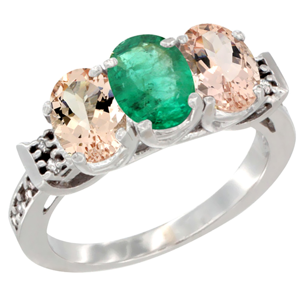 10K White Gold Natural Emerald &amp; Morganite Sides Ring 3-Stone Oval 7x5 mm Diamond Accent, sizes 5 - 10