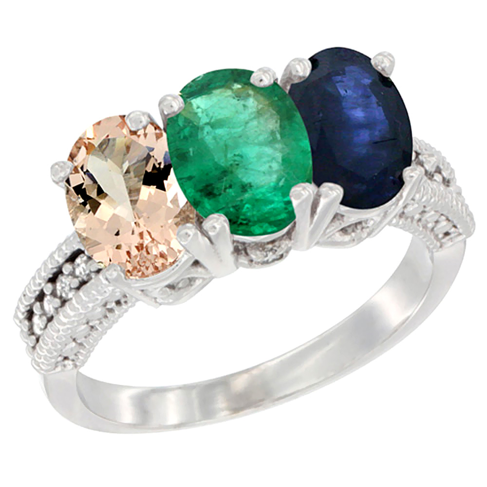 14K White Gold Natural Morganite, Emerald &amp; Blue Sapphire Ring 3-Stone Oval 7x5 mm Diamond Accent, sizes 5 - 10
