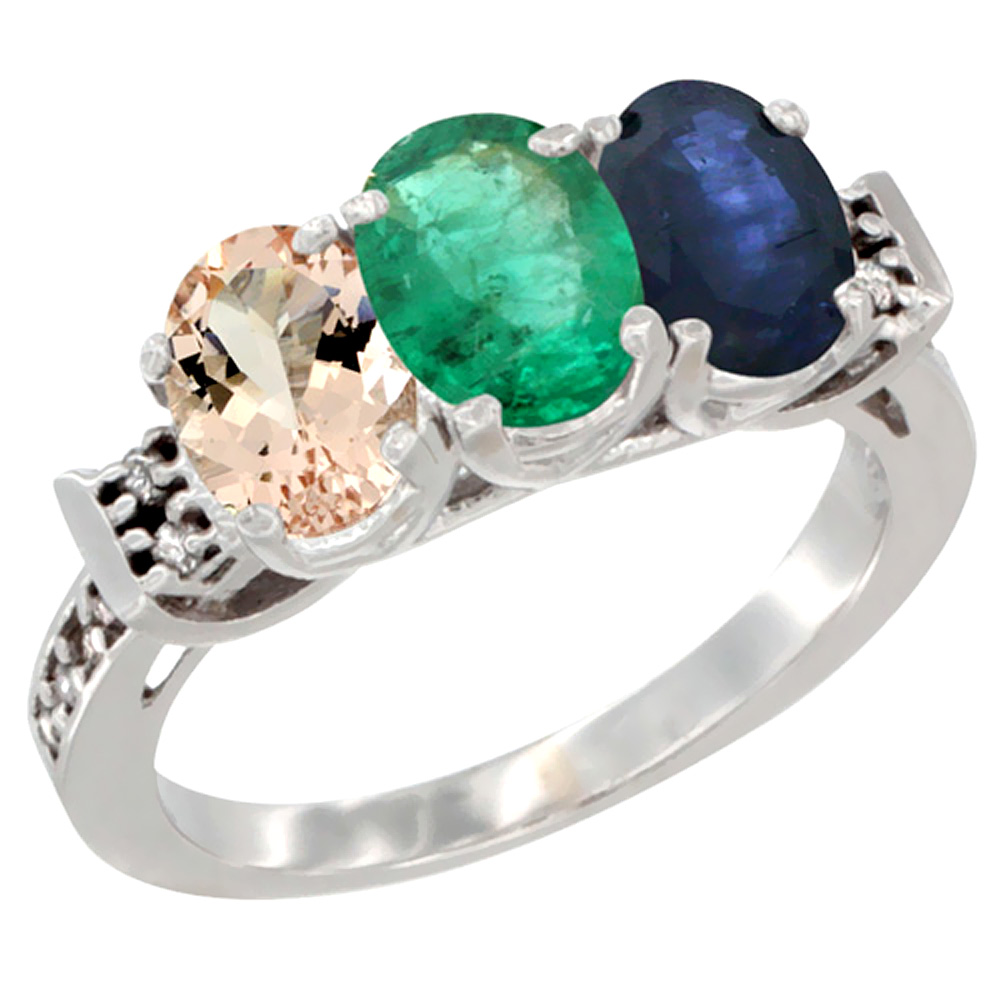 10K White Gold Natural Morganite, Emerald &amp; Blue Sapphire Ring 3-Stone Oval 7x5 mm Diamond Accent, sizes 5 - 10