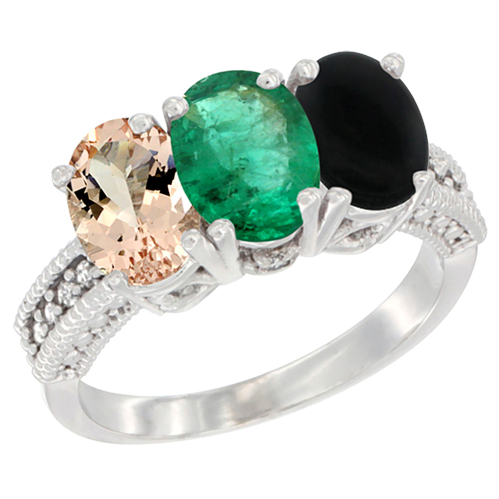 14K White Gold Natural Morganite, Emerald &amp; Black Onyx Ring 3-Stone Oval 7x5 mm Diamond Accent, sizes 5 - 10