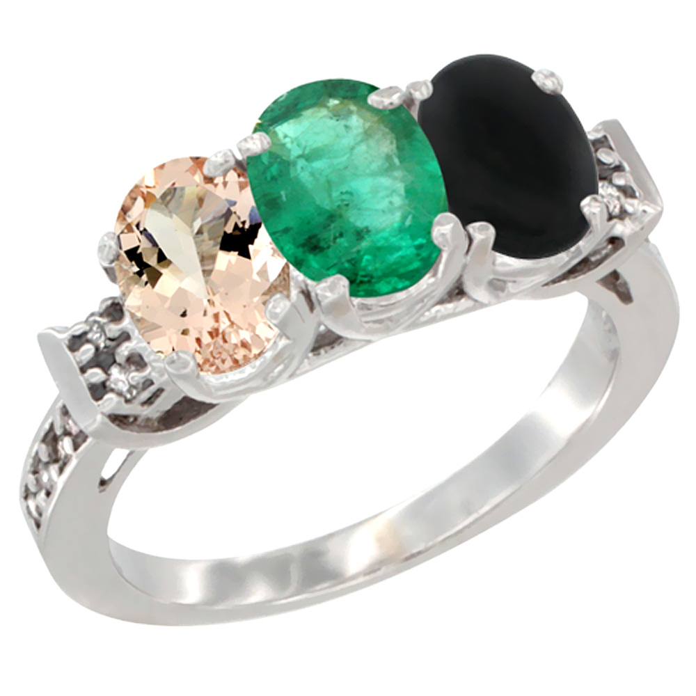 14K White Gold Natural Morganite, Emerald &amp; Black Onyx Ring 3-Stone Oval 7x5 mm Diamond Accent, sizes 5 - 10