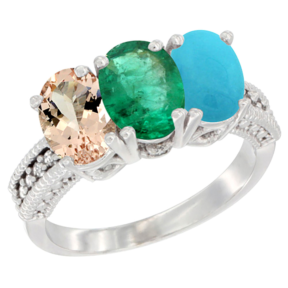 14K White Gold Natural Morganite, Emerald &amp; Turquoise Ring 3-Stone Oval 7x5 mm Diamond Accent, sizes 5 - 10