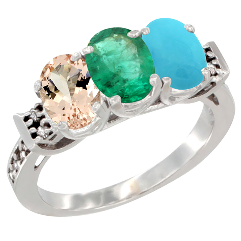 10K White Gold Natural Morganite, Emerald & Turquoise Ring 3-Stone Oval 7x5 mm Diamond Accent, sizes 5 - 10
