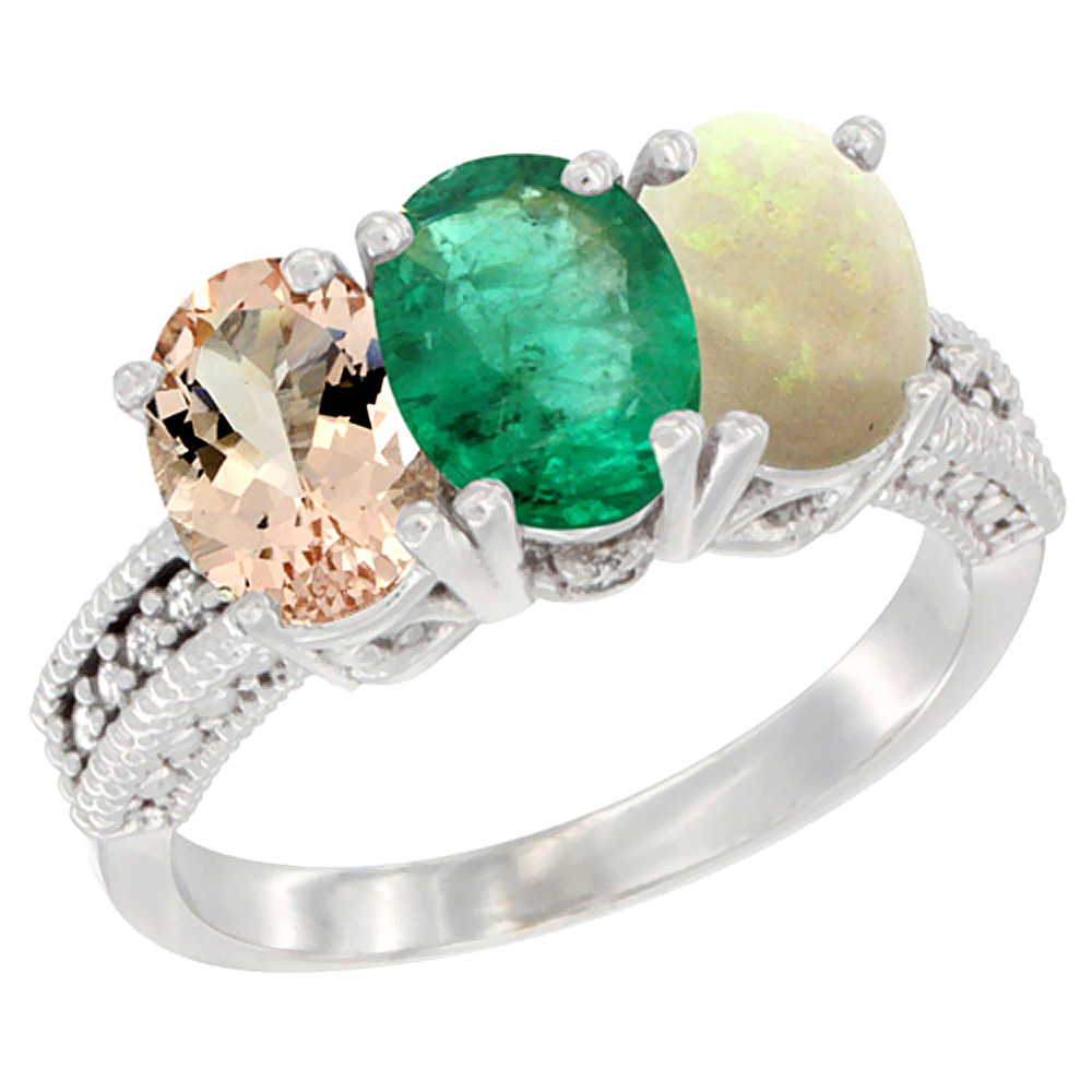 14K White Gold Natural Morganite, Emerald &amp; Opal Ring 3-Stone Oval 7x5 mm Diamond Accent, sizes 5 - 10