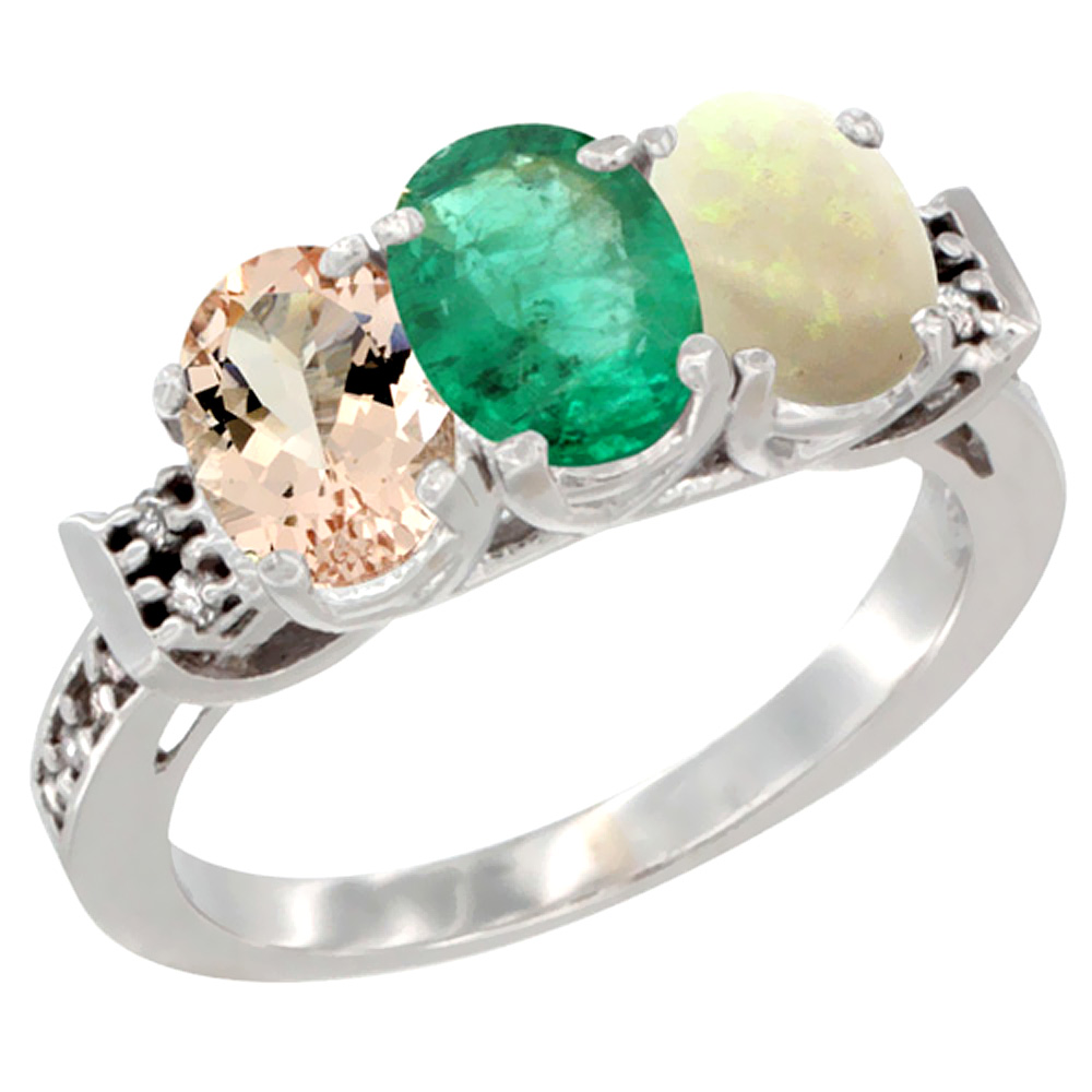 14K White Gold Natural Morganite, Emerald &amp; Opal Ring 3-Stone Oval 7x5 mm Diamond Accent, sizes 5 - 10