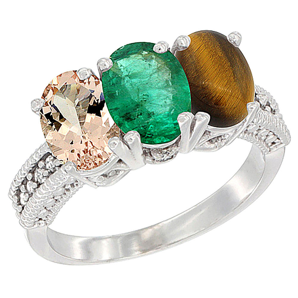 14K White Gold Natural Morganite, Emerald & Tiger Eye Ring 3-Stone Oval 7x5 mm Diamond Accent, sizes 5 - 10