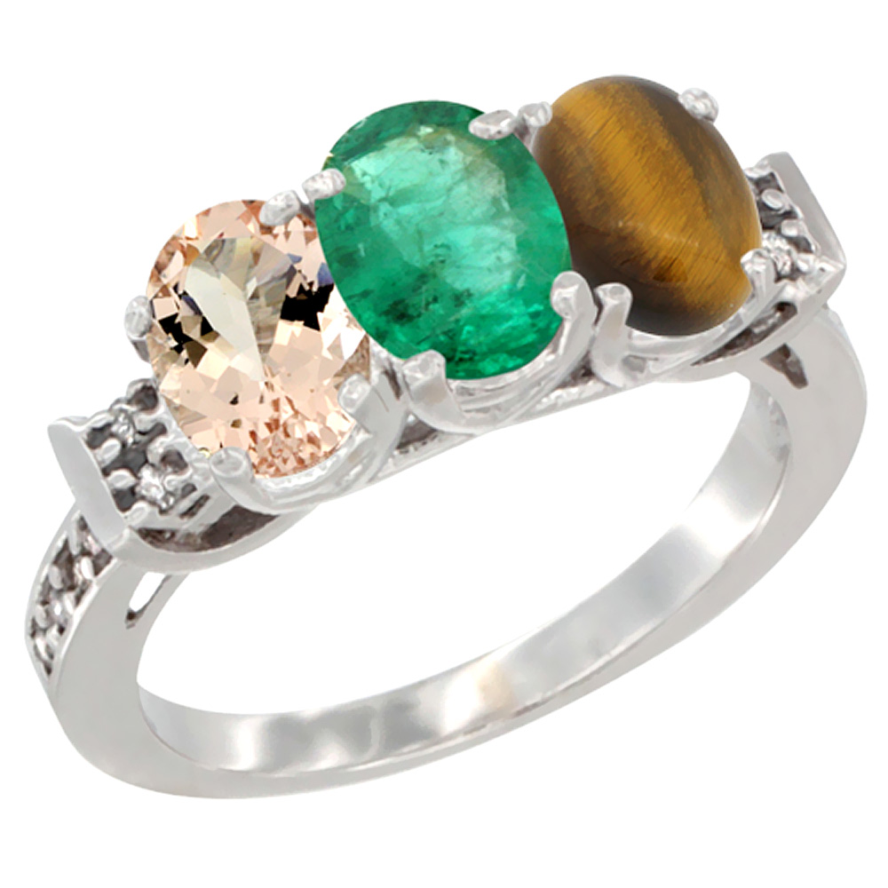 10K White Gold Natural Morganite, Emerald &amp; Tiger Eye Ring 3-Stone Oval 7x5 mm Diamond Accent, sizes 5 - 10