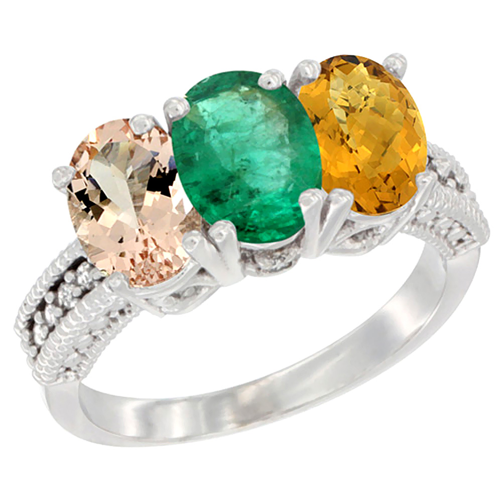10K White Gold Natural Morganite, Emerald &amp; Whisky Quartz Ring 3-Stone Oval 7x5 mm Diamond Accent, sizes 5 - 10