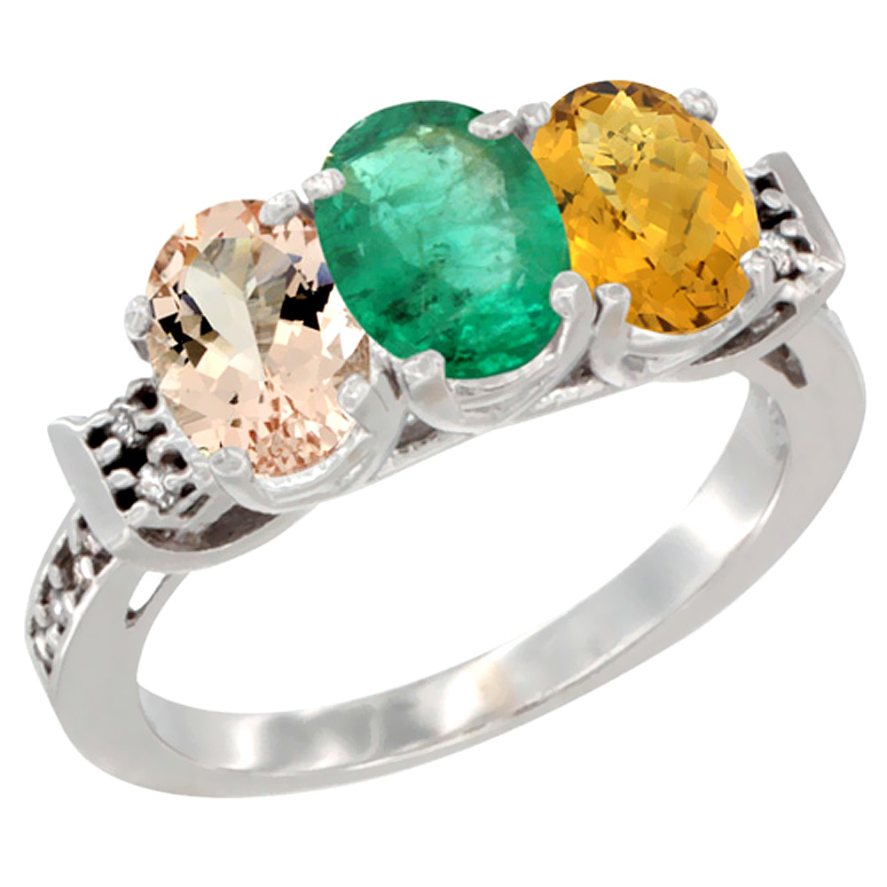 10K White Gold Natural Morganite, Emerald &amp; Whisky Quartz Ring 3-Stone Oval 7x5 mm Diamond Accent, sizes 5 - 10