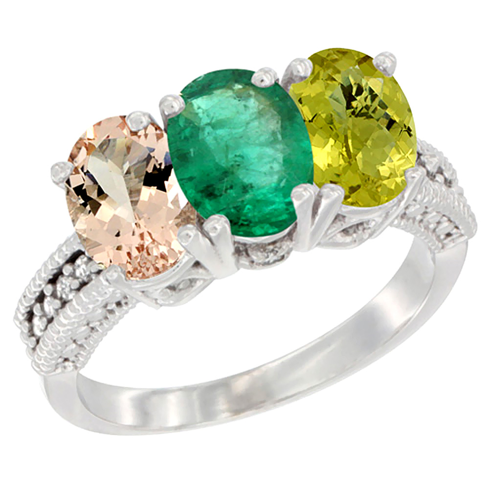 10K White Gold Natural Morganite, Emerald &amp; Lemon Quartz Ring 3-Stone Oval 7x5 mm Diamond Accent, sizes 5 - 10