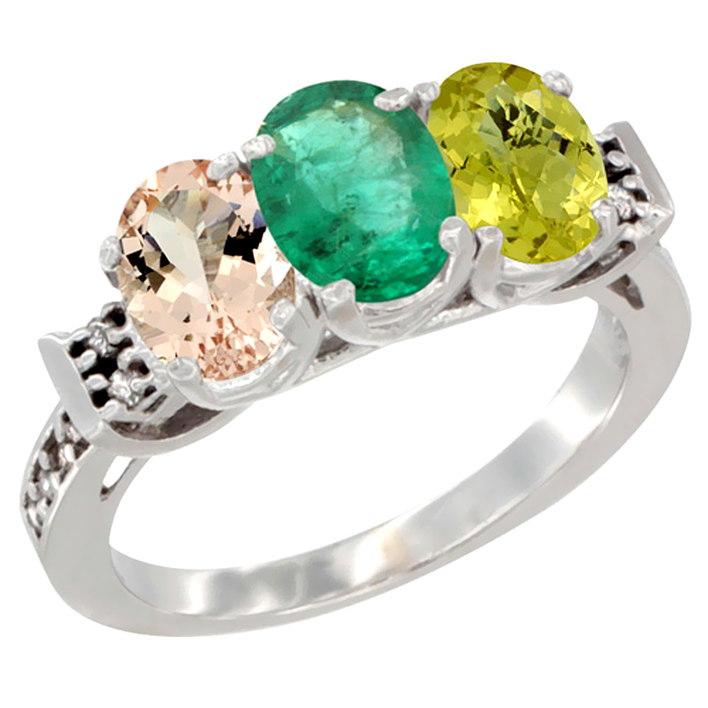 14K White Gold Natural Morganite, Emerald &amp; Lemon Quartz Ring 3-Stone Oval 7x5 mm Diamond Accent, sizes 5 - 10