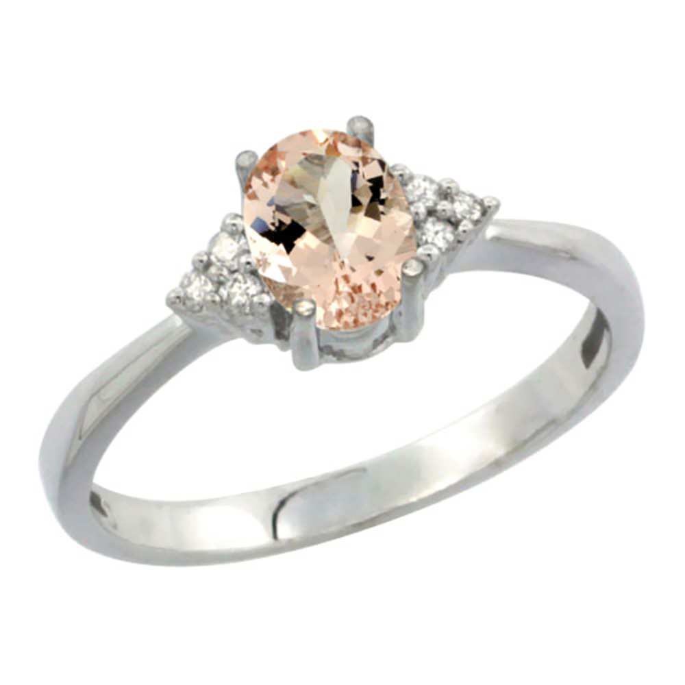 10K White Gold Diamond Natural Morganite Engagement Ring Oval 7x5mm, sizes 5-10