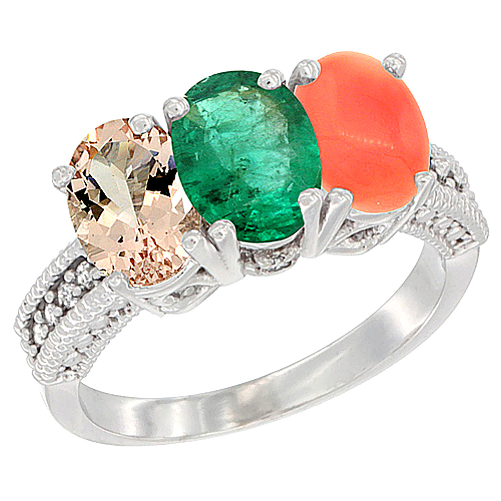 10K White Gold Natural Morganite, Emerald &amp; Coral Ring 3-Stone Oval 7x5 mm Diamond Accent, sizes 5 - 10