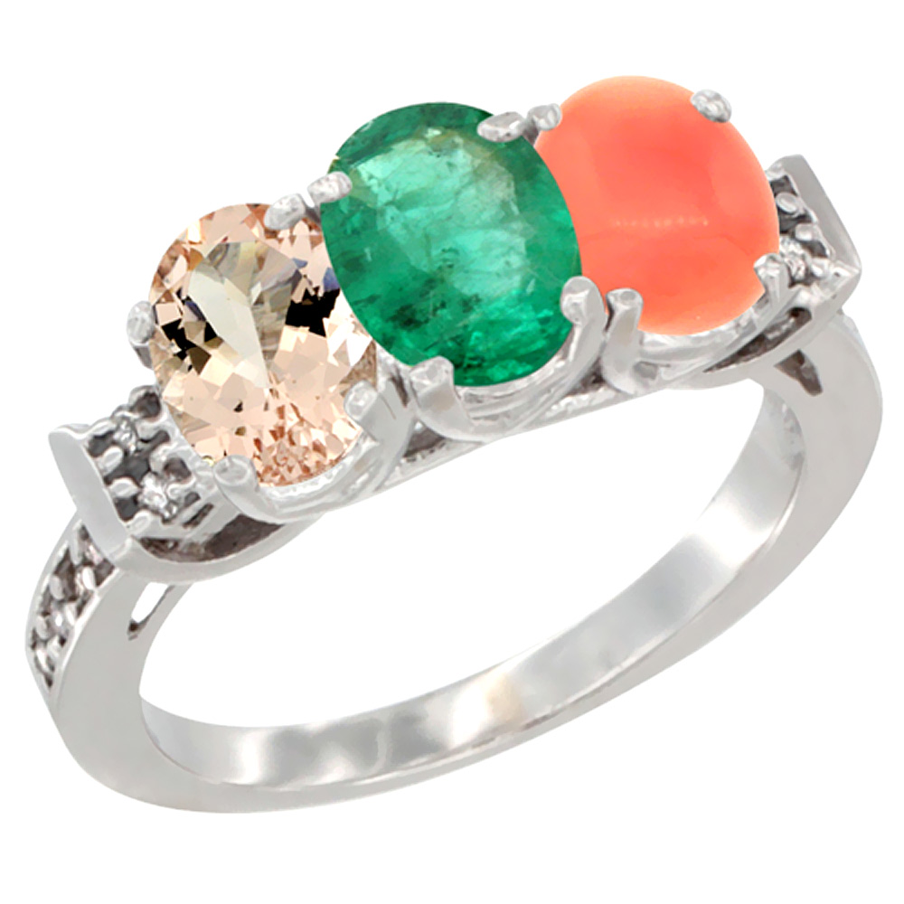 14K White Gold Natural Morganite, Emerald & Coral Ring 3-Stone Oval 7x5 mm Diamond Accent, sizes 5 - 10