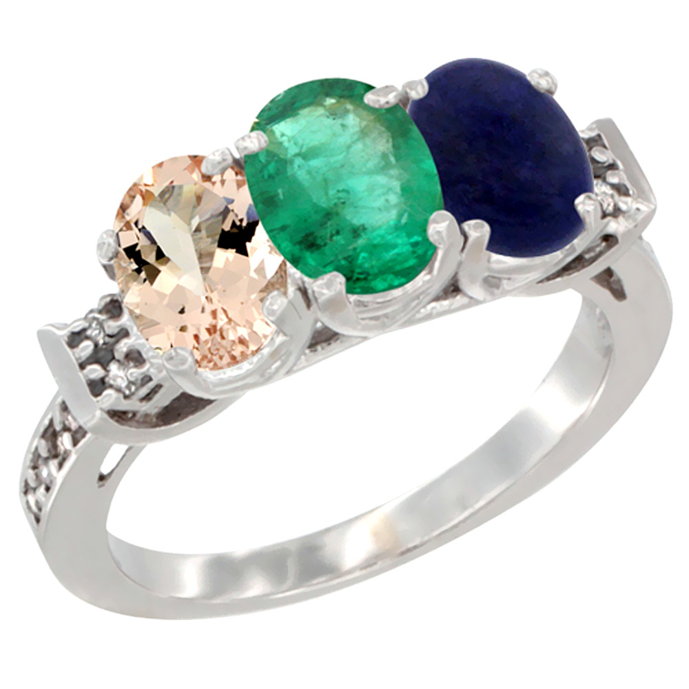 10K White Gold Natural Morganite, Emerald &amp; Lapis Ring 3-Stone Oval 7x5 mm Diamond Accent, sizes 5 - 10