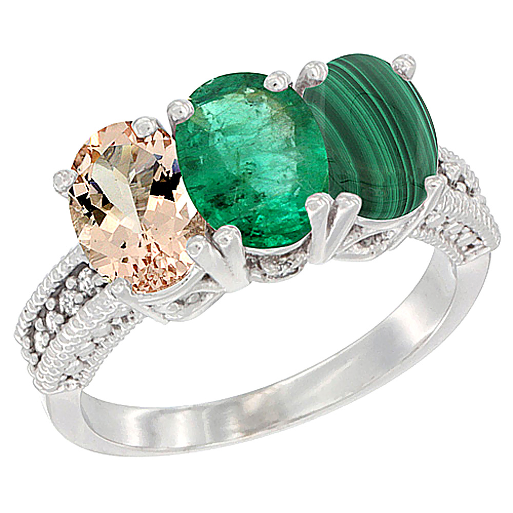 14K White Gold Natural Morganite, Emerald & Malachite Ring 3-Stone Oval 7x5 mm Diamond Accent, sizes 5 - 10