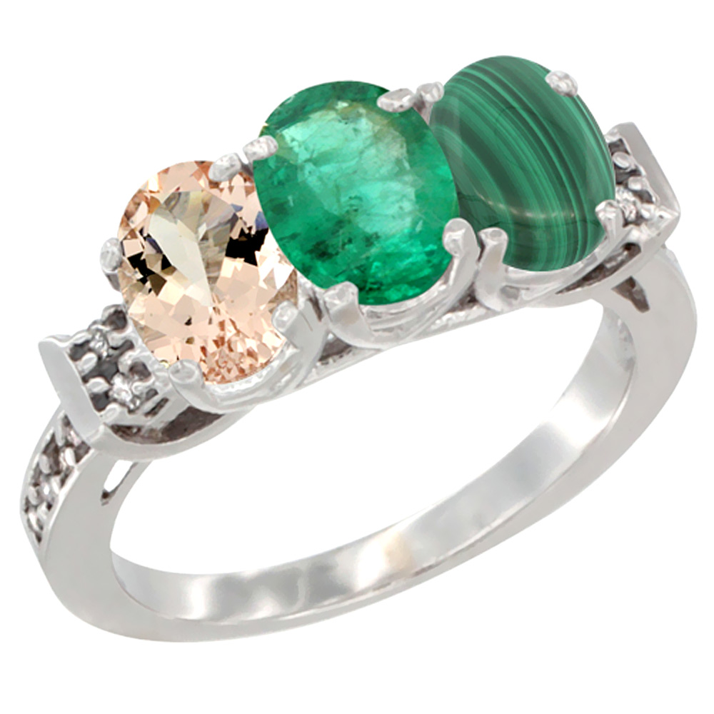 10K White Gold Natural Morganite, Emerald &amp; Malachite Ring 3-Stone Oval 7x5 mm Diamond Accent, sizes 5 - 10