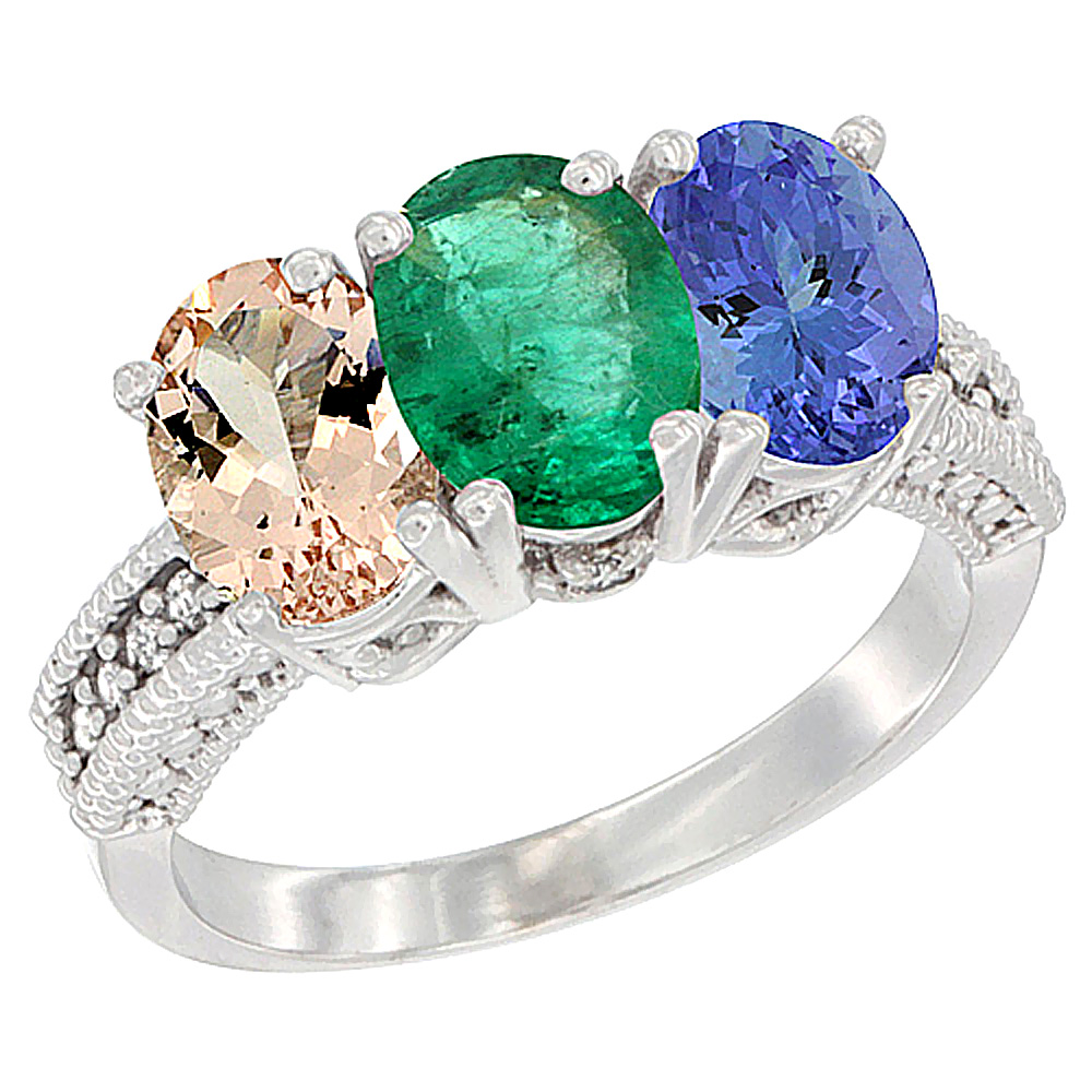 10K White Gold Natural Morganite, Emerald & Tanzanite Ring 3-Stone Oval 7x5 mm Diamond Accent, sizes 5 - 10