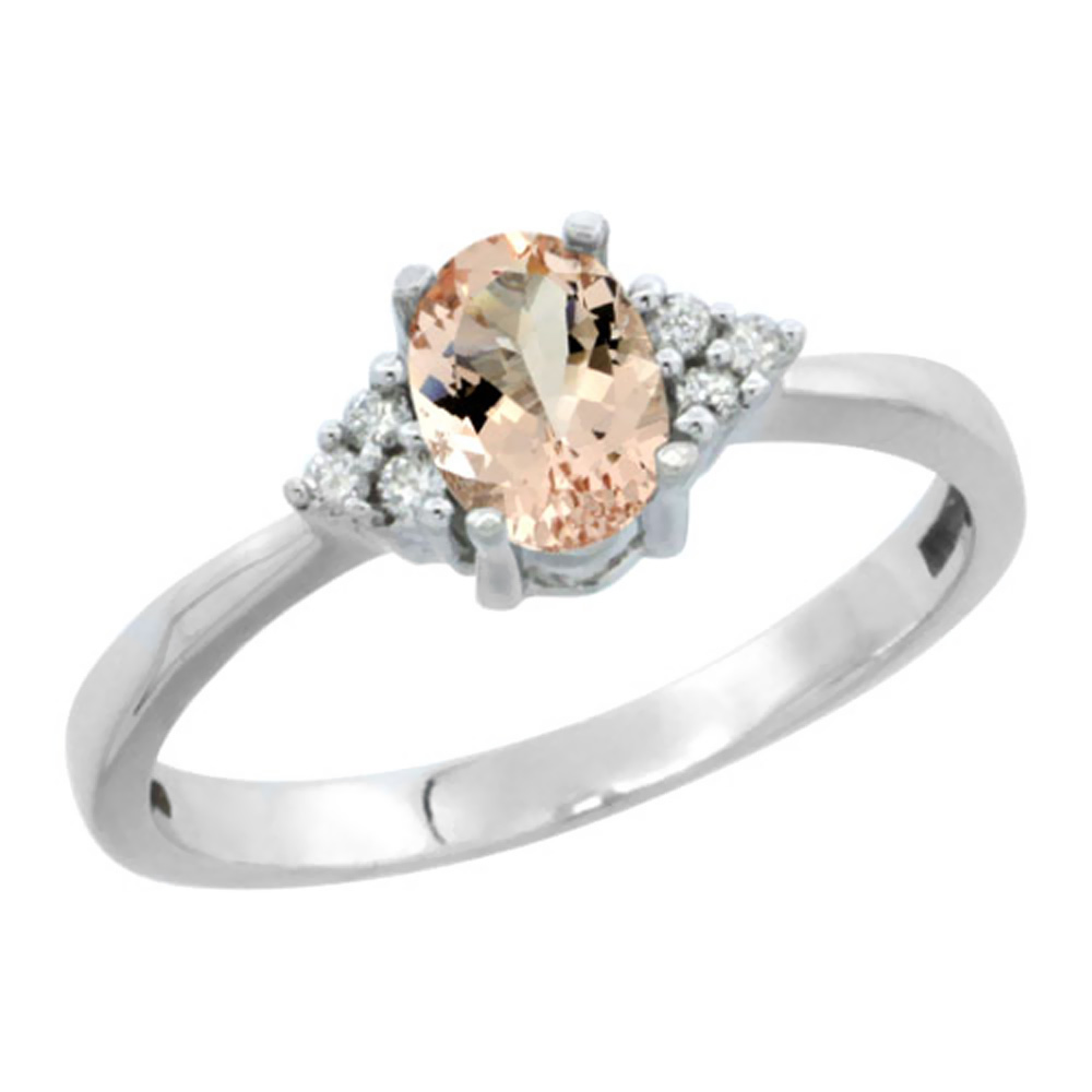 10K White Gold Natural Morganite Ring Oval 6x4mm Diamond Accent, sizes 5-10