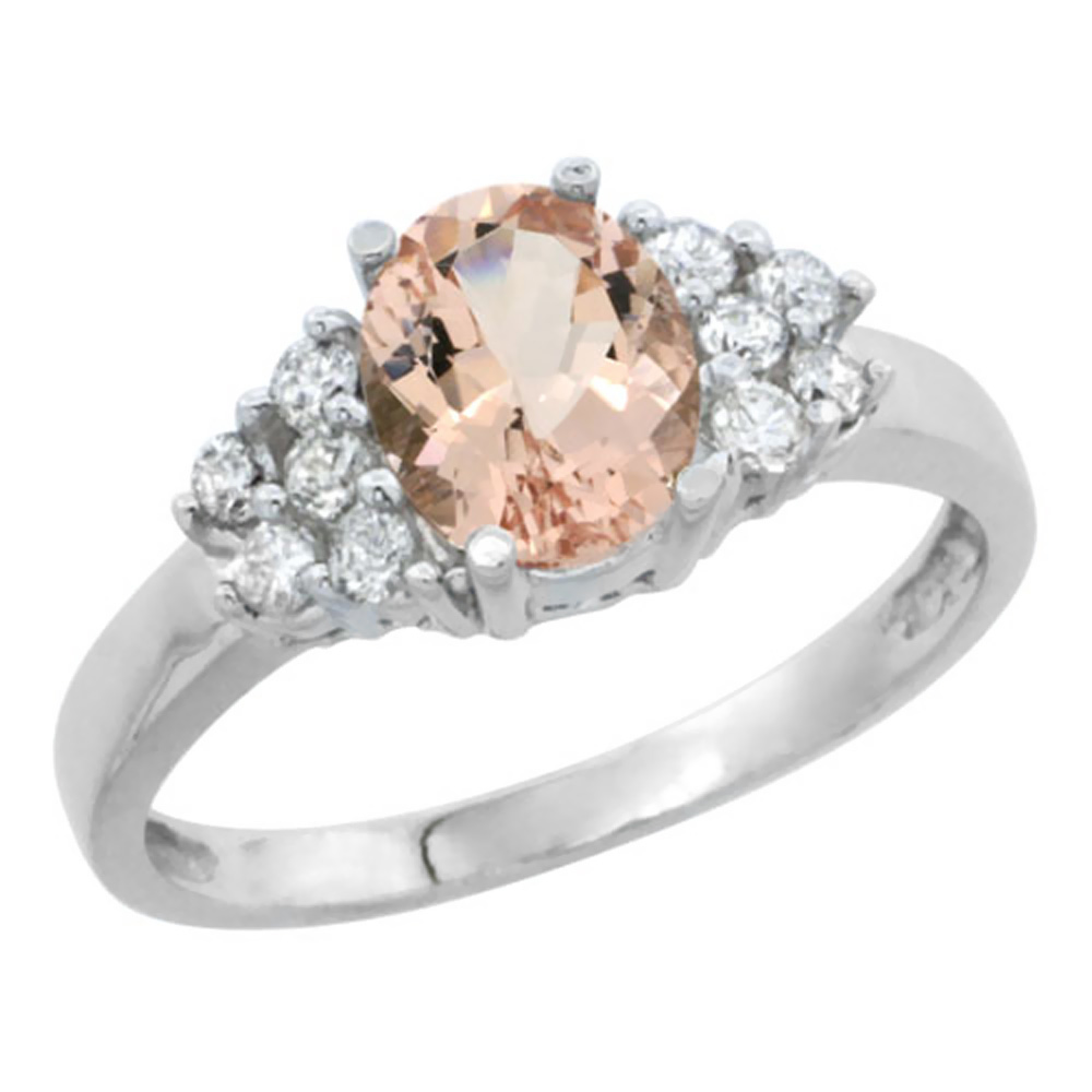 14K White Gold Natural Morganite Ring Oval 8x6mm Diamond Accent, sizes 5-10