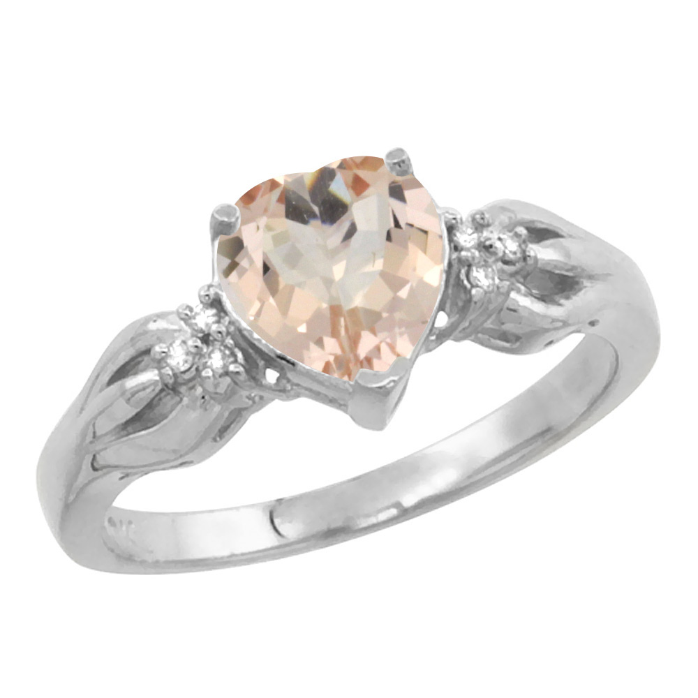 14K White Gold Natural Morganite Ring Heart-shape 7x7mm Diamond Accent, sizes 5-10