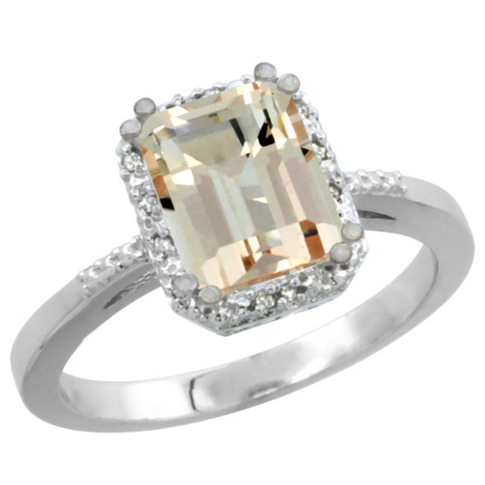 14K White Gold Natural Morganite Ring Emerald-shape 8x6mm Diamond Accent, sizes 5-10