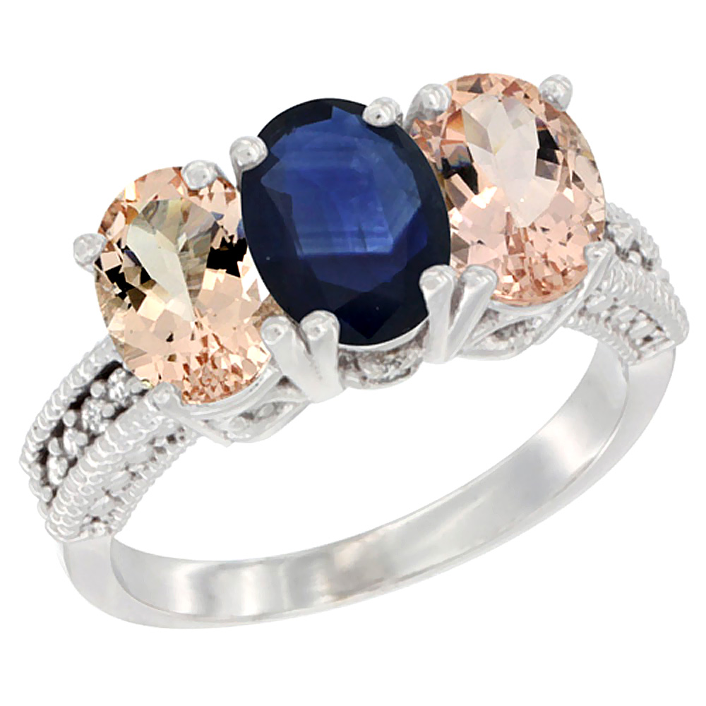 10K White Gold Natural Blue Sapphire &amp; Morganite Sides Ring 3-Stone Oval 7x5 mm Diamond Accent, sizes 5 - 10