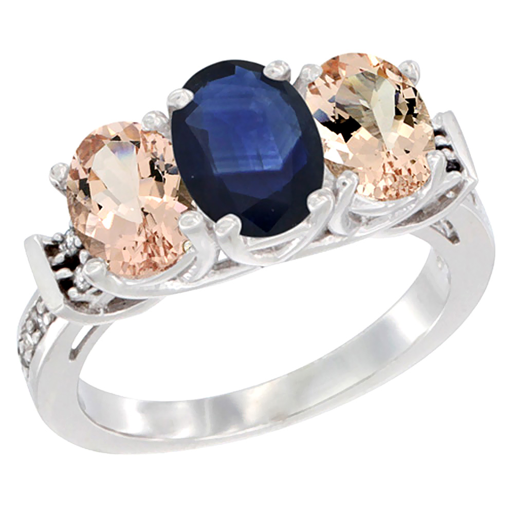 10K White Gold Natural Blue Sapphire & Morganite Sides Ring 3-Stone Oval Diamond Accent, sizes 5 - 10