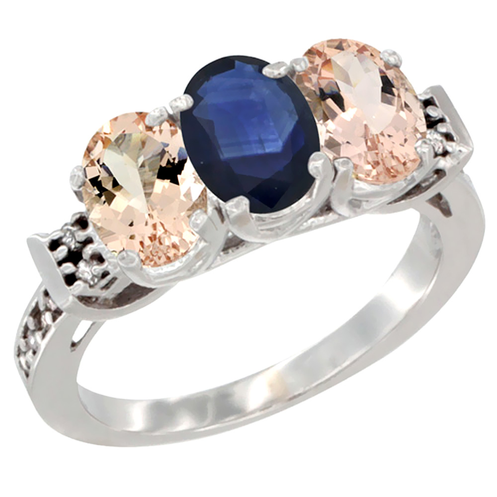 14K White Gold Natural Blue Sapphire &amp; Morganite Sides Ring 3-Stone Oval 7x5 mm Diamond Accent, sizes 5 - 10