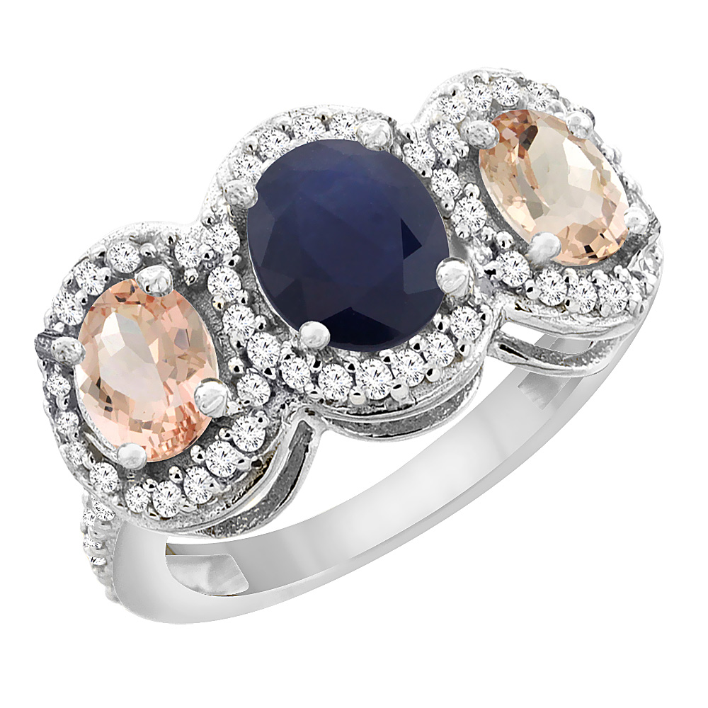 14K White Gold Natural Blue Sapphire &amp; Morganite 3-Stone Ring Oval Diamond Accent, sizes 5 - 10