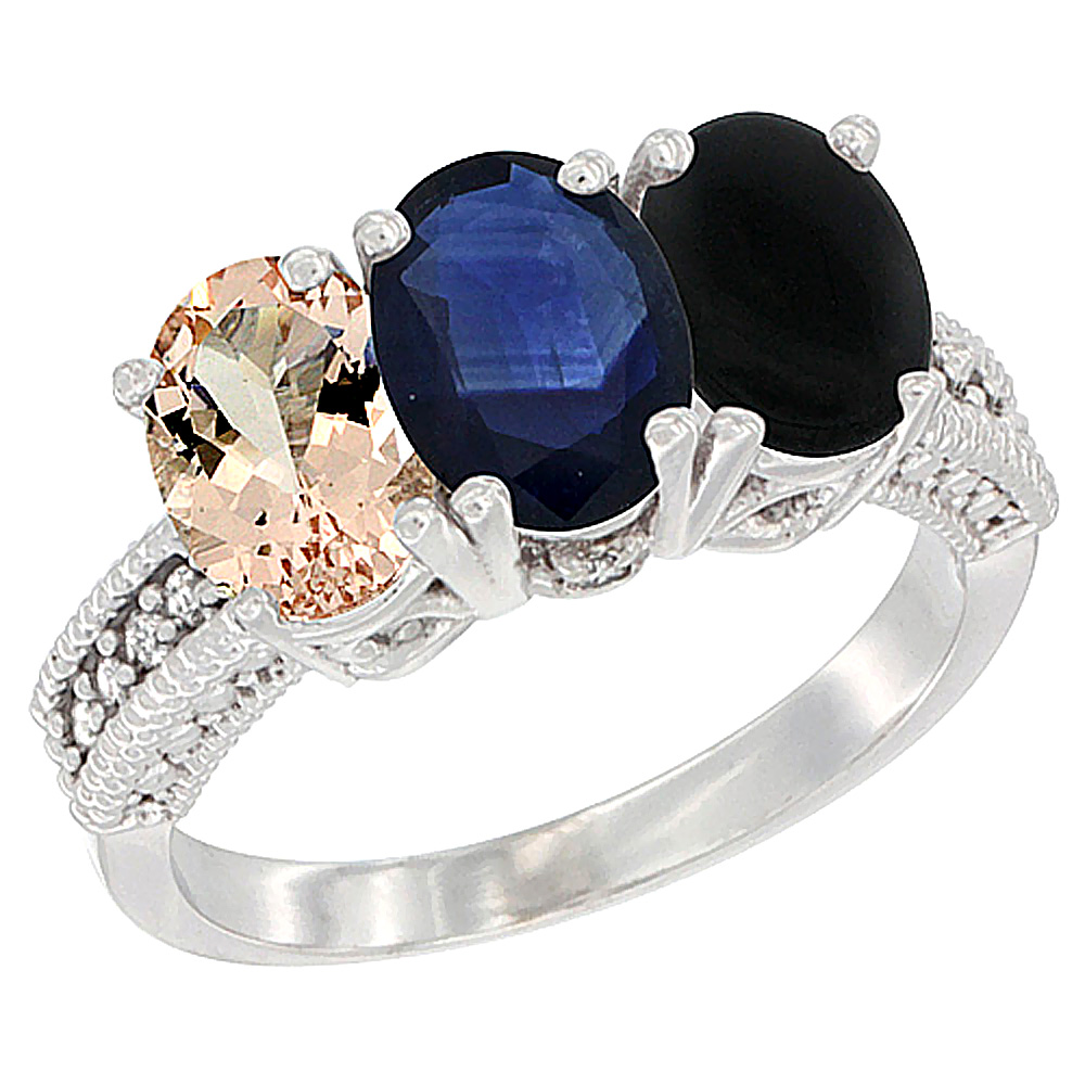 10K White Gold Natural Morganite, Blue Sapphire &amp; Black Onyx Ring 3-Stone Oval 7x5 mm Diamond Accent, sizes 5 - 10