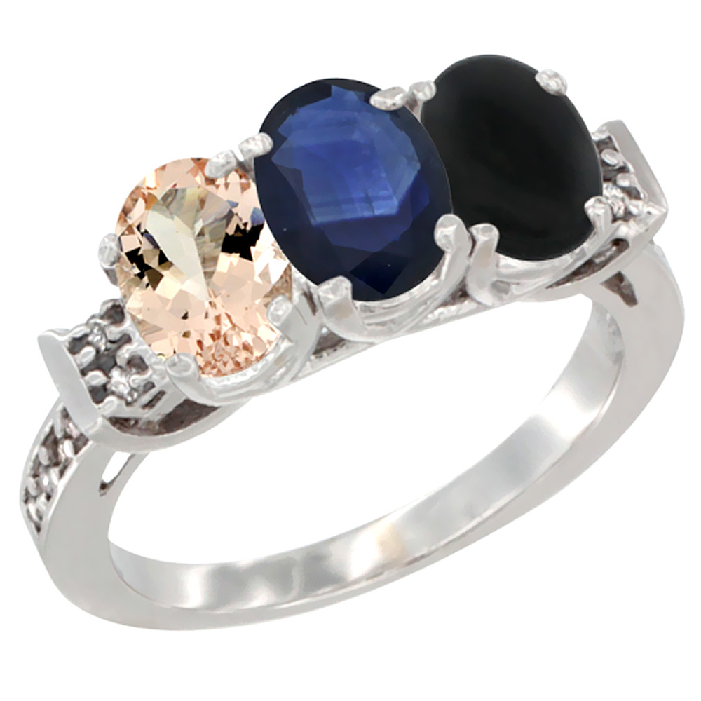 14K White Gold Natural Morganite, Blue Sapphire &amp; Black Onyx Ring 3-Stone Oval 7x5 mm Diamond Accent, sizes 5 - 10