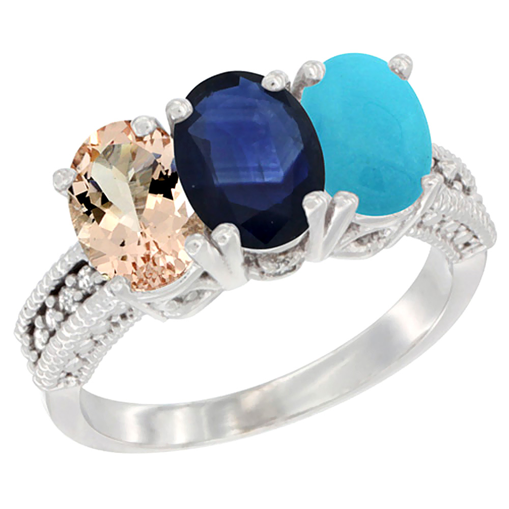 10K White Gold Natural Morganite, Blue Sapphire &amp; Turquoise Ring 3-Stone Oval 7x5 mm Diamond Accent, sizes 5 - 10