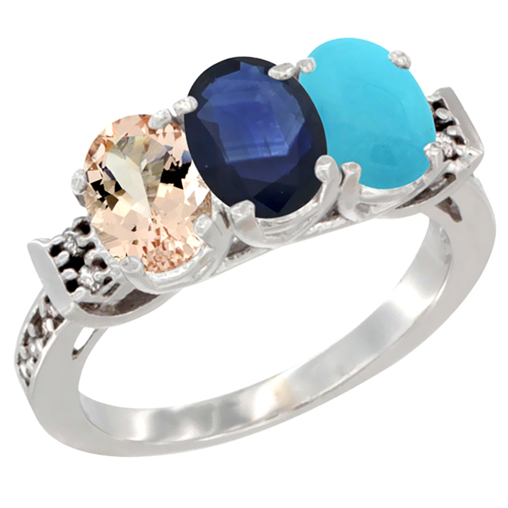 14K White Gold Natural Morganite, Blue Sapphire & Turquoise Ring 3-Stone Oval 7x5 mm Diamond Accent, sizes 5 - 10