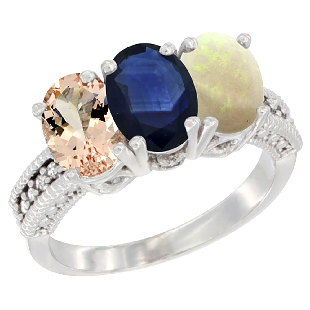 14K White Gold Natural Morganite, Blue Sapphire & Opal Ring 3-Stone Oval 7x5 mm Diamond Accent, sizes 5 - 10