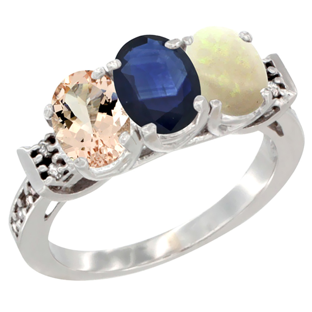 14K White Gold Natural Morganite, Blue Sapphire & Opal Ring 3-Stone Oval 7x5 mm Diamond Accent, sizes 5 - 10