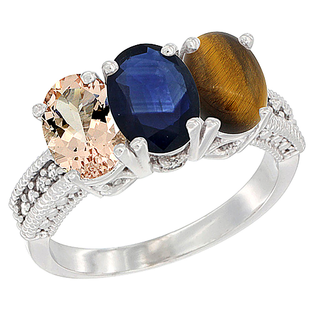 10K White Gold Natural Morganite, Blue Sapphire & Tiger Eye Ring 3-Stone Oval 7x5 mm Diamond Accent, sizes 5 - 10