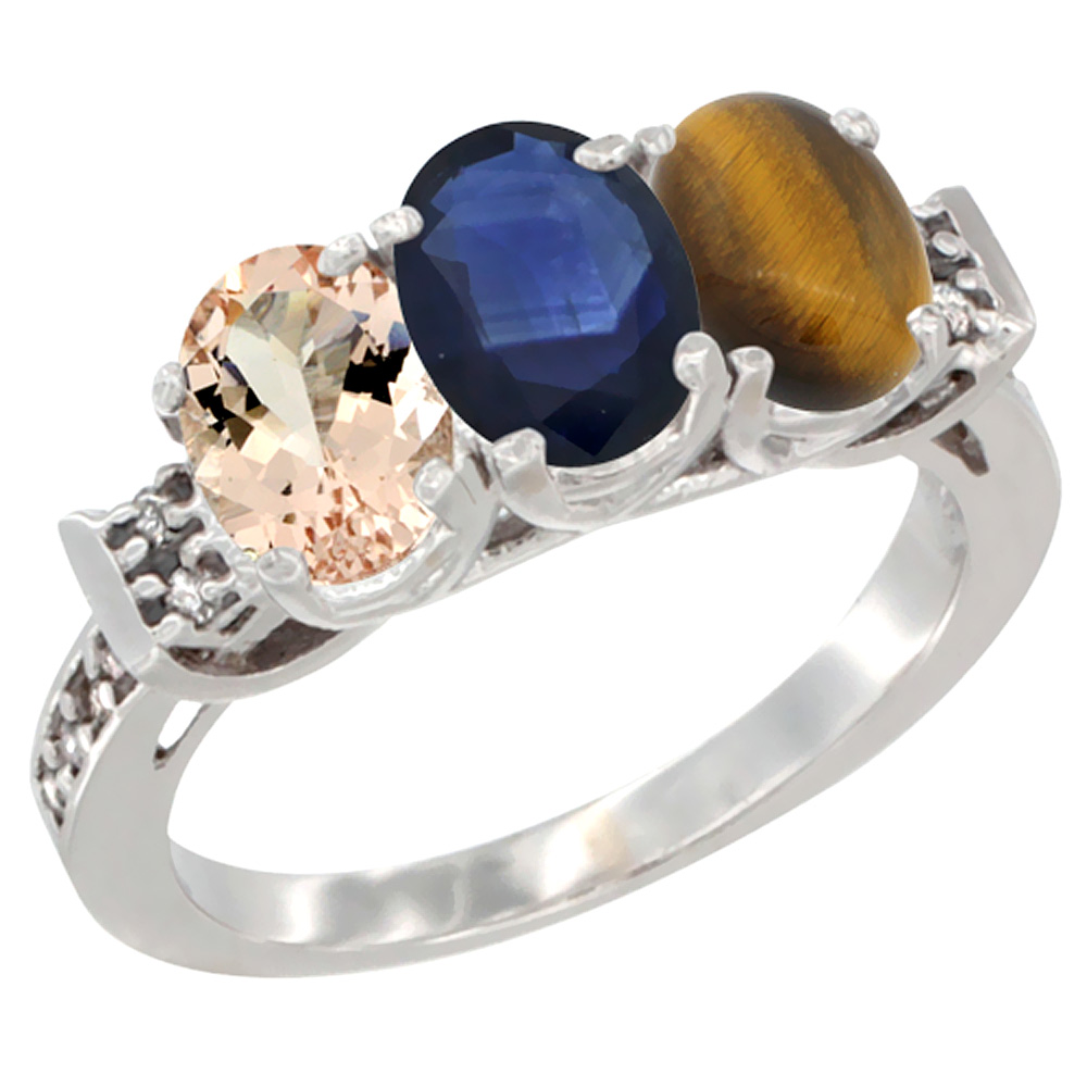10K White Gold Natural Morganite, Blue Sapphire &amp; Tiger Eye Ring 3-Stone Oval 7x5 mm Diamond Accent, sizes 5 - 10