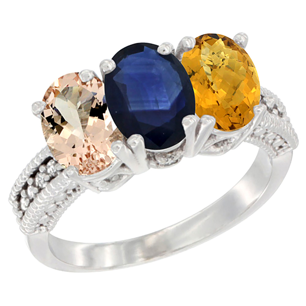10K White Gold Natural Morganite, Blue Sapphire & Whisky Quartz Ring 3-Stone Oval 7x5 mm Diamond Accent, sizes 5 - 10
